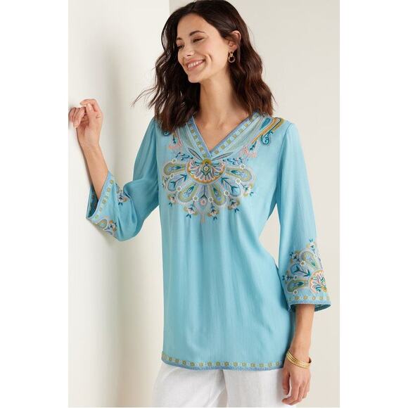 Soft Surroundings Blue River Island Embroidered Tunic 3/4 Sleeve Plus Size 2X - Picture 1 of 16
